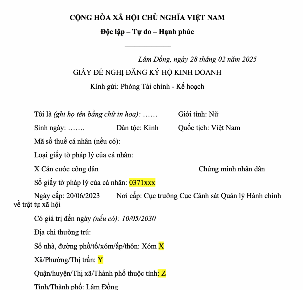 Hình minh họa mẫu giấy đề nghị đăng ký hộ kinh doanh