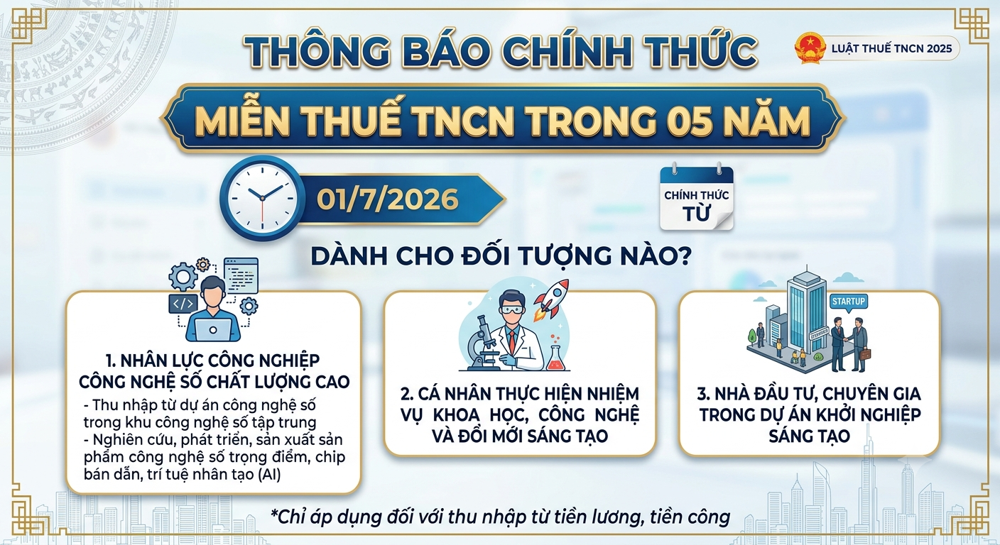 Chính thức từ 01/7/2026 miễn thuế TNCN trong vòng 05 năm đối với thu nhập từ tiền lương, tiền công cho đối tượng nào?